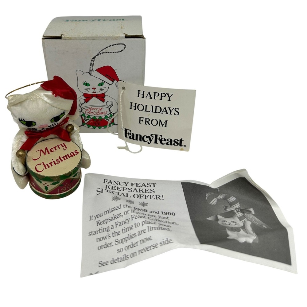 VTG Russ Berrie Fancy Feast Kitty Ornament White 1991 Cat Drummer Christmas Box